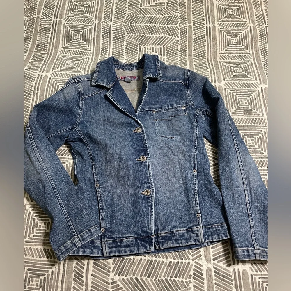 Women's silver Jeans bead Denim blazer size L - Picture 2 of 3
